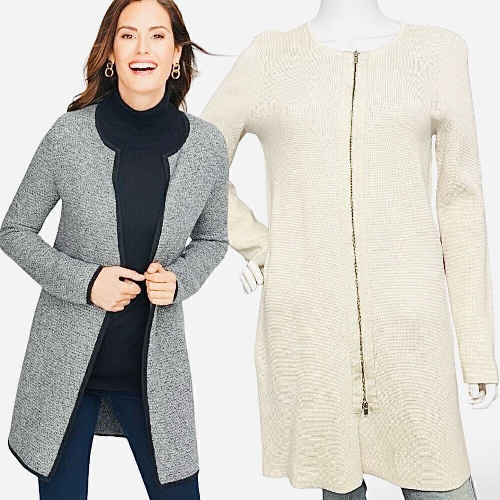 Talbots Open Face Ivory Cream Thick Cotton Rayon Long Sweater Cardigan Jacket S